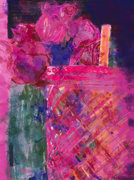 Digital art - Bright hot pink cup with orange straw. And neon pink roses.