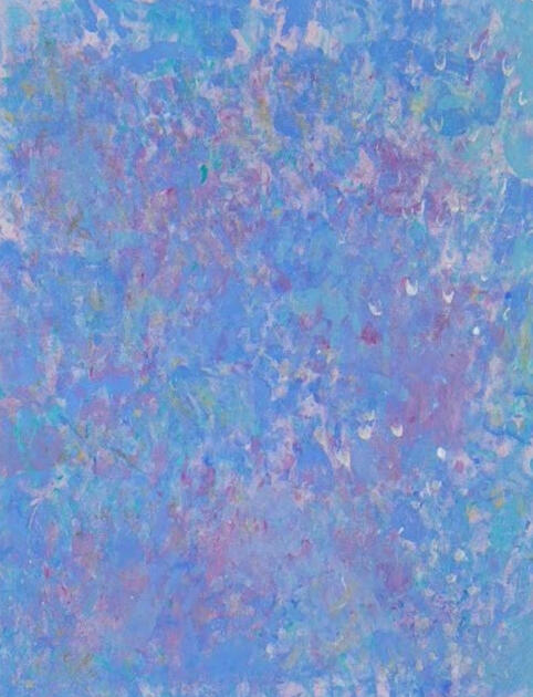 Pastel shades of light blue, lavender, white, silver and turquoise dot the canvas in a relaxing, soothing though happy array of color.