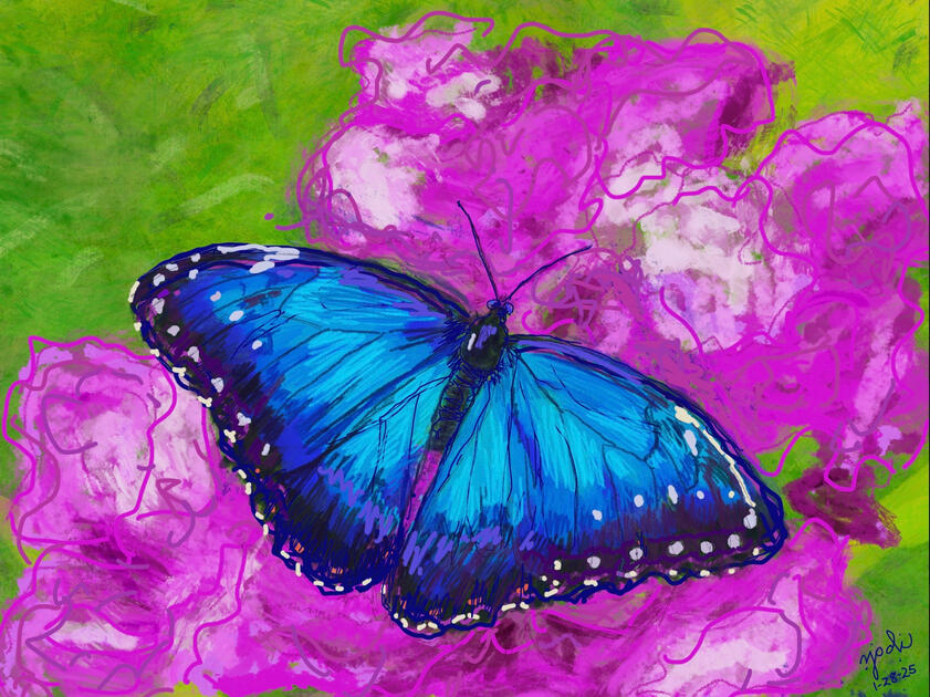 Vibrant, almost glowing digital artwork - green background, hot pink butterfly bush flowers and a bright blue morpho butterfly feeding on the flowers.