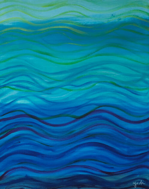Impressionistic painting of water with colors of sea foam turquoise, blue, purple, and vivid spring green waves.