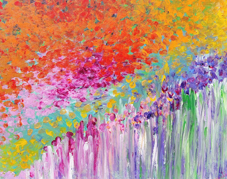 Bold, bright colors of red, orange, yellow, purple and green give the impression of a beautiful garden full of irises and tulips. This painting adds a vivid touch to any room it graces.