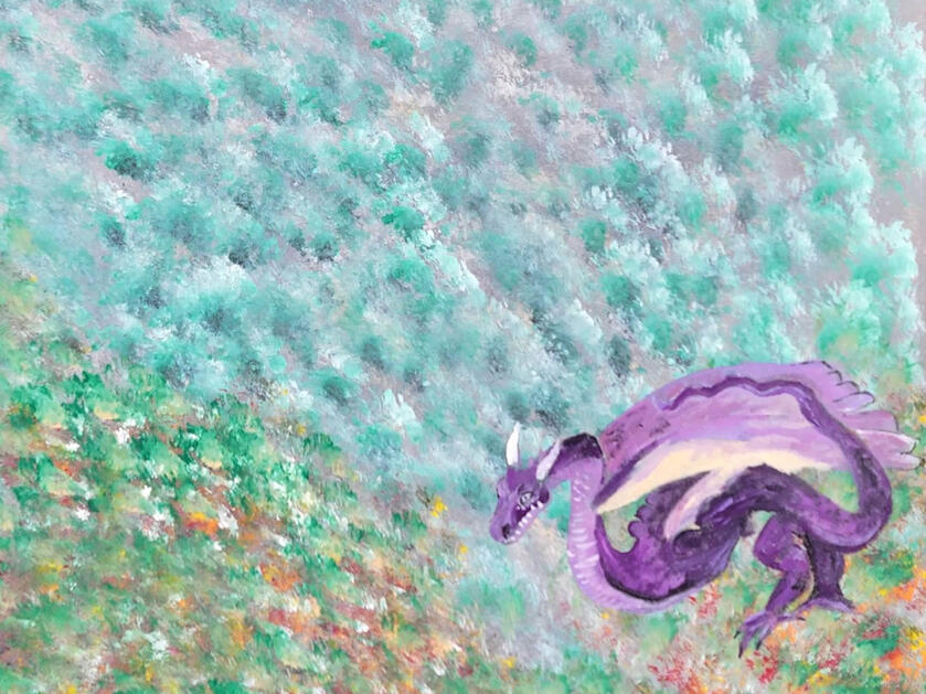 A purple dragon stands on a misty green mountain. Impressionist-style flowers and bushes are at the base of the mountain.