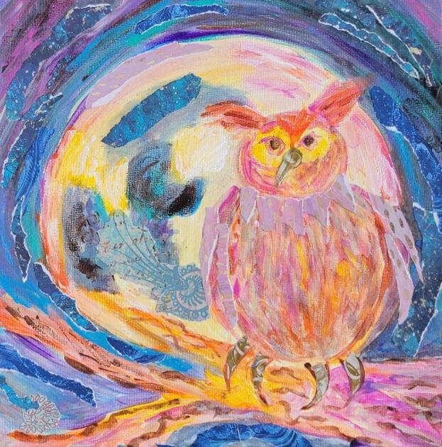 Impressionistic Rendition of a fat, red, purple and yellow owl sitting in front of a blue moon and deep blue sky. Paper and acrylic paints.