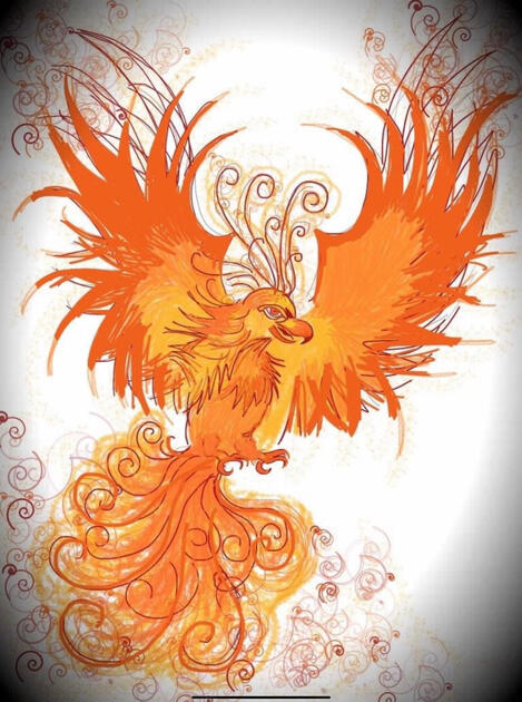 Digital art - an orange, fiery phoenix. Swirls at his tail and head in red add a fun detail.