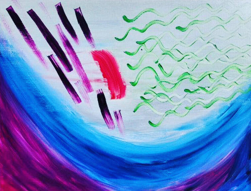 A painting of vivid purples, blues and red. A silver stage has impressions of movement and green dancing ribbons on the right side. The audience is shades of blue and purple surrounding the silver stage.